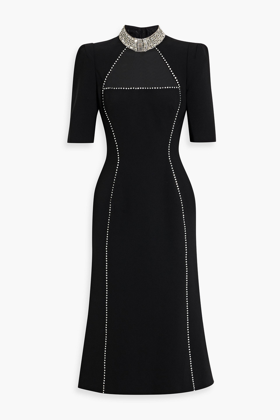 Jenny Packham Crystal-embellished Tulle-trimmed Crepe Midi Dress In Black