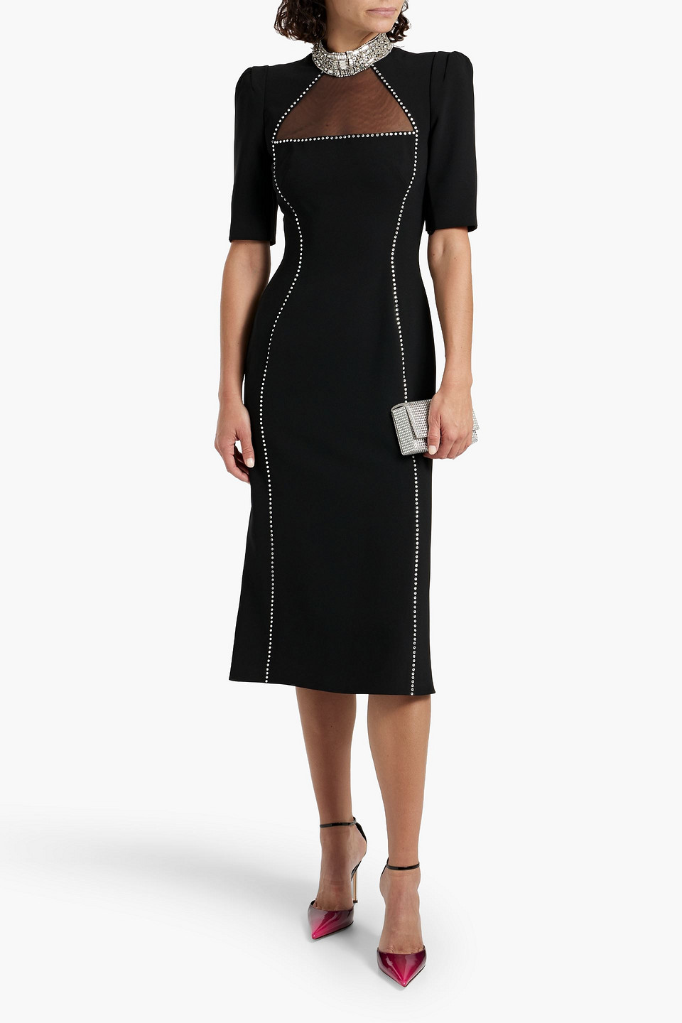 Jenny Packham Crystal-embellished Tulle-trimmed Crepe Midi Dress In Black