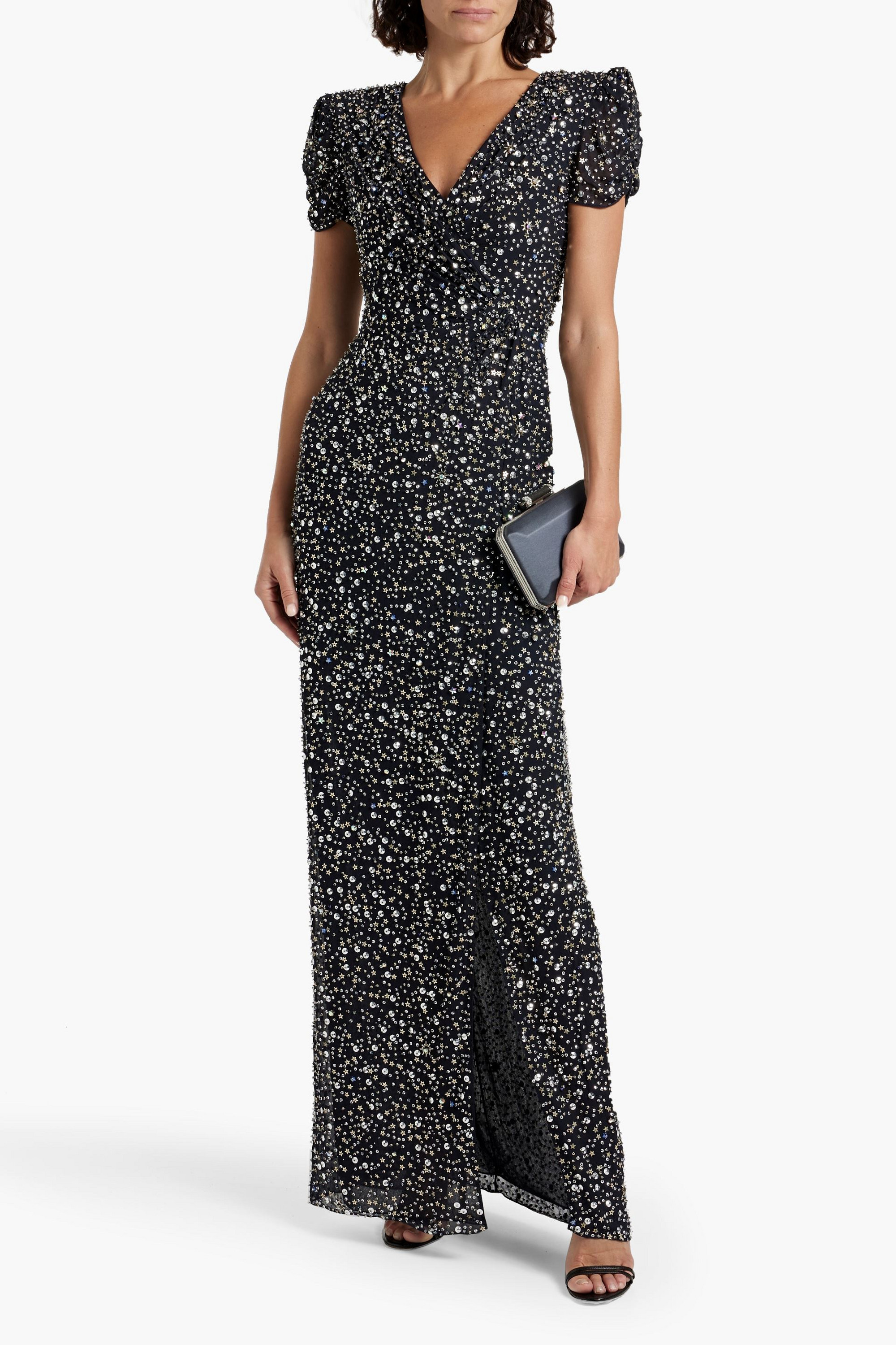 Jenny Packham Wrap-effect embellished crepe de chine gown