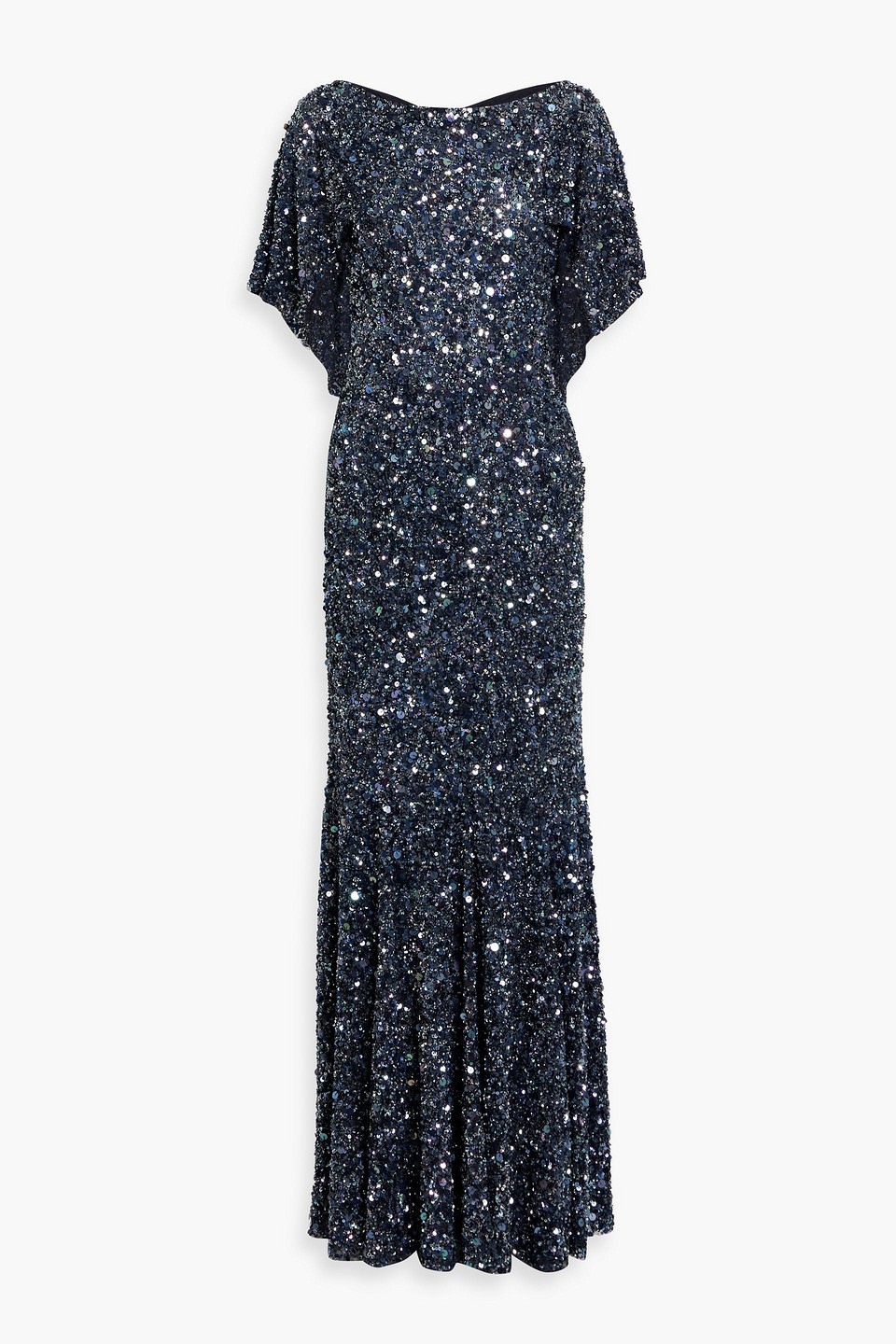 Jenny Packham Cape-effect Embellished Tulle Gown In Midnight Blue