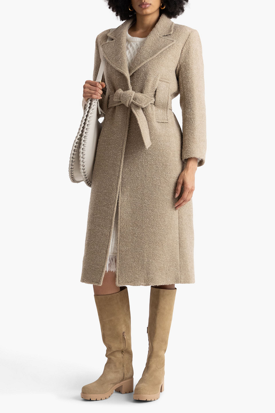  Sandro - Mantel Aus Bouclé-tweed Mit Gürtel - Neutral - Fr 38 