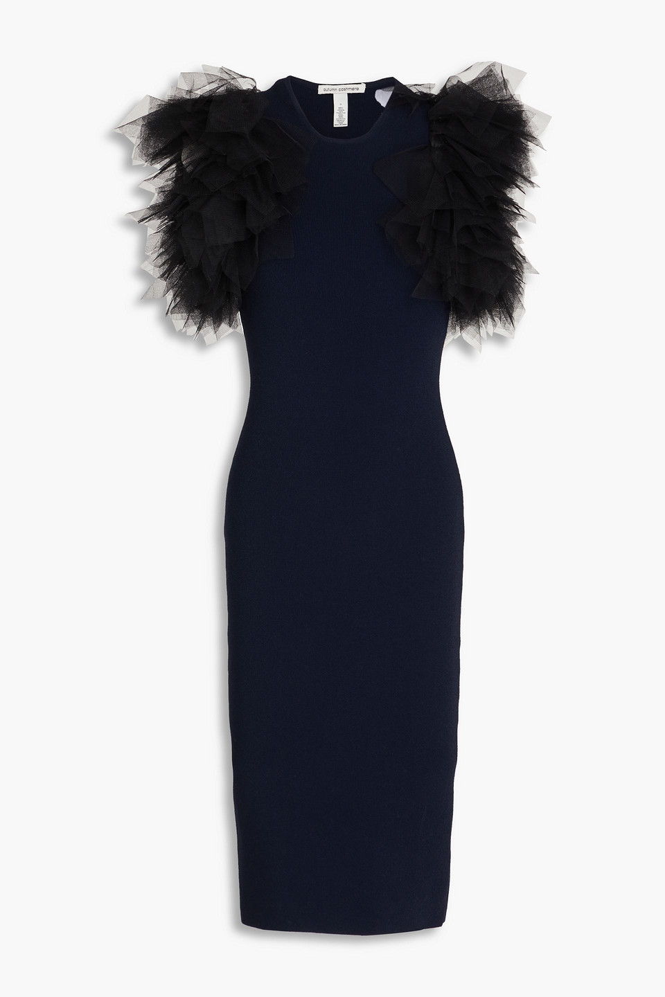 Autumn Cashmere Tulle-trimmed Ruffled Ribbed-knit Midi Dress In Navy