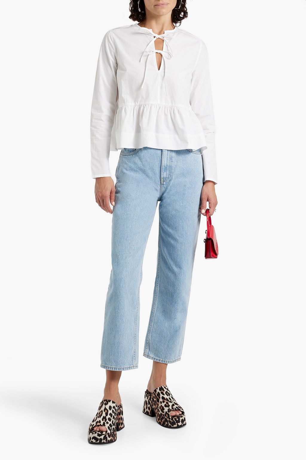 GANNI Gathered cotton-poplin blouse