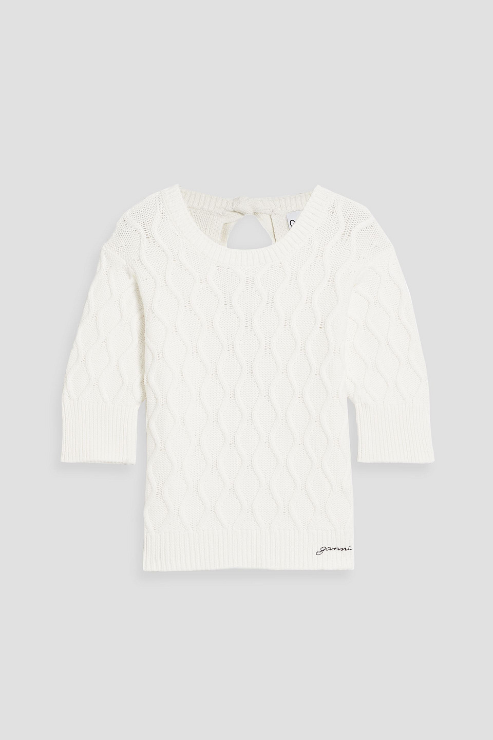 Ganni Tie-back Cable-knit Cotton Sweater In White