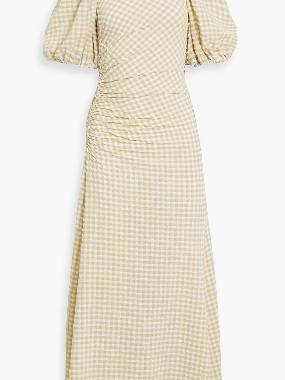 ruched gingham seersucker maxi dress