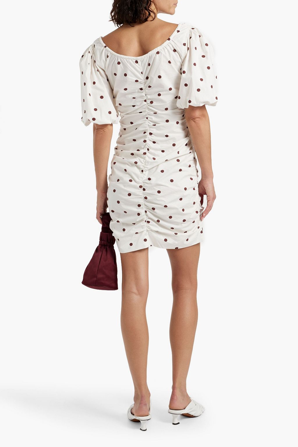 GANNI Ruched polka-dot cotton-poplin mini dress