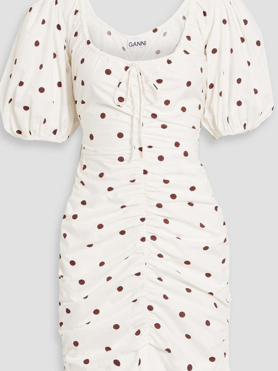 ruched polka-dot cotton-poplin mini dress
