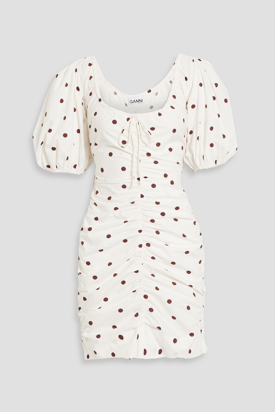 Ganni Ruched Polka-dot Cotton-poplin Mini Dress In Off-white