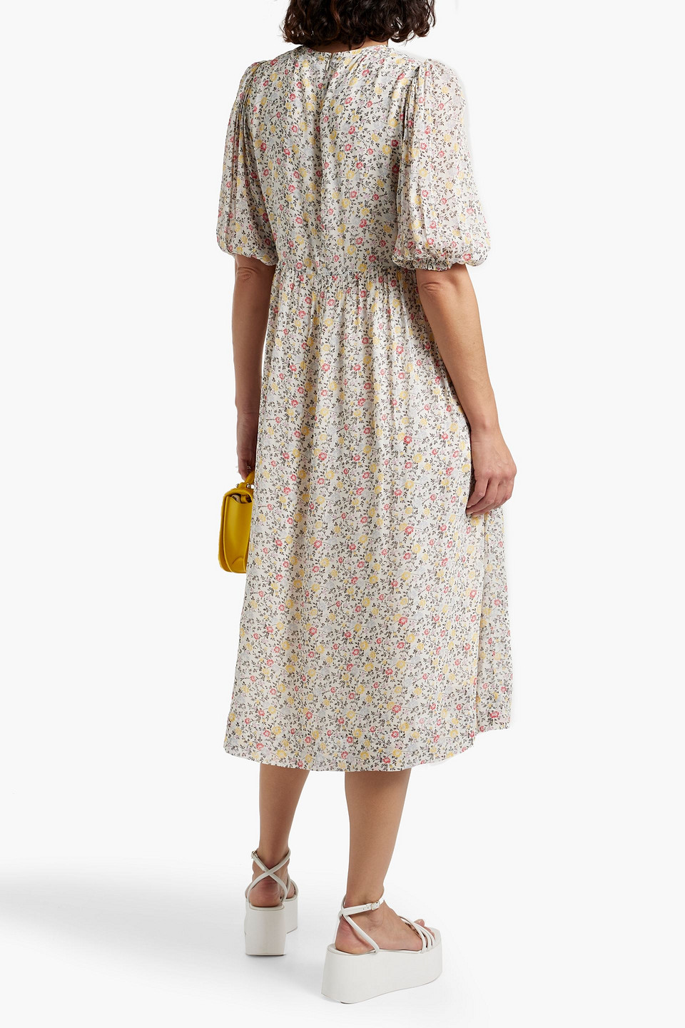 Ganni Pleated Floral-print Crepe Midi Dress In Ecru