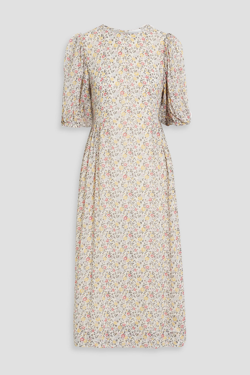Ganni Pleated Floral-print Crepe Midi Dress In Ecru