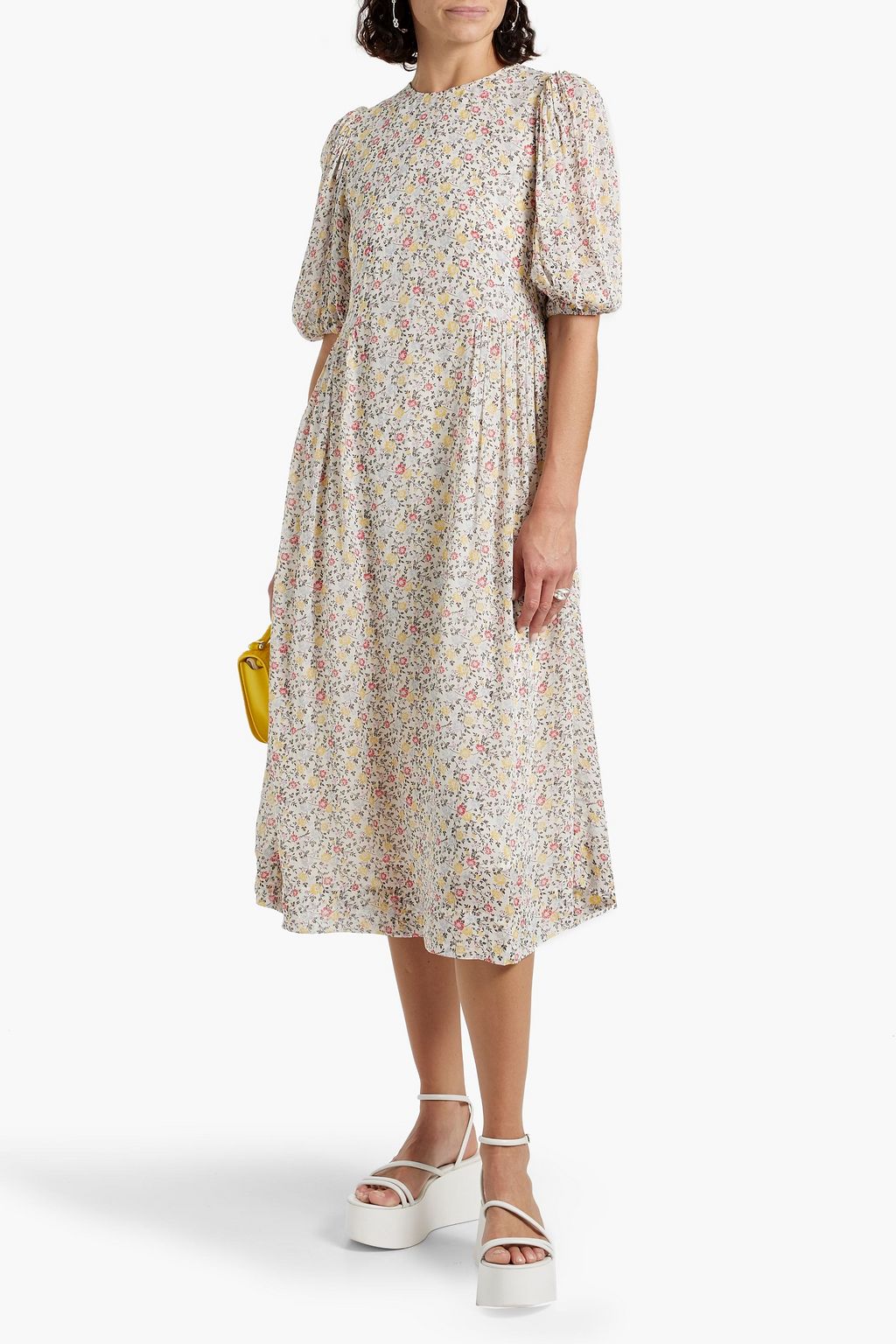 GANNI Pleated floral-print crepe midi dress