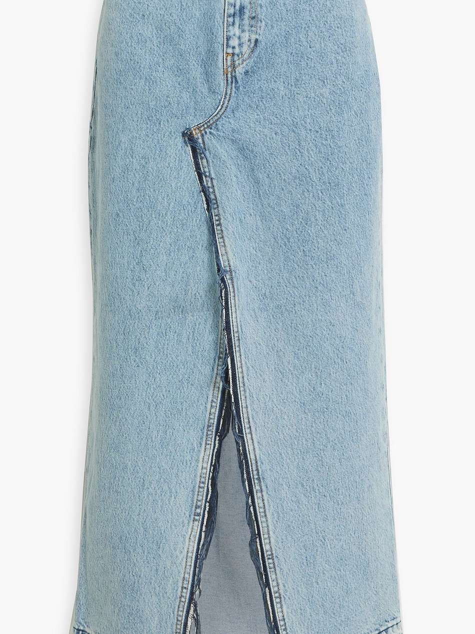 distressed denim midi skirt