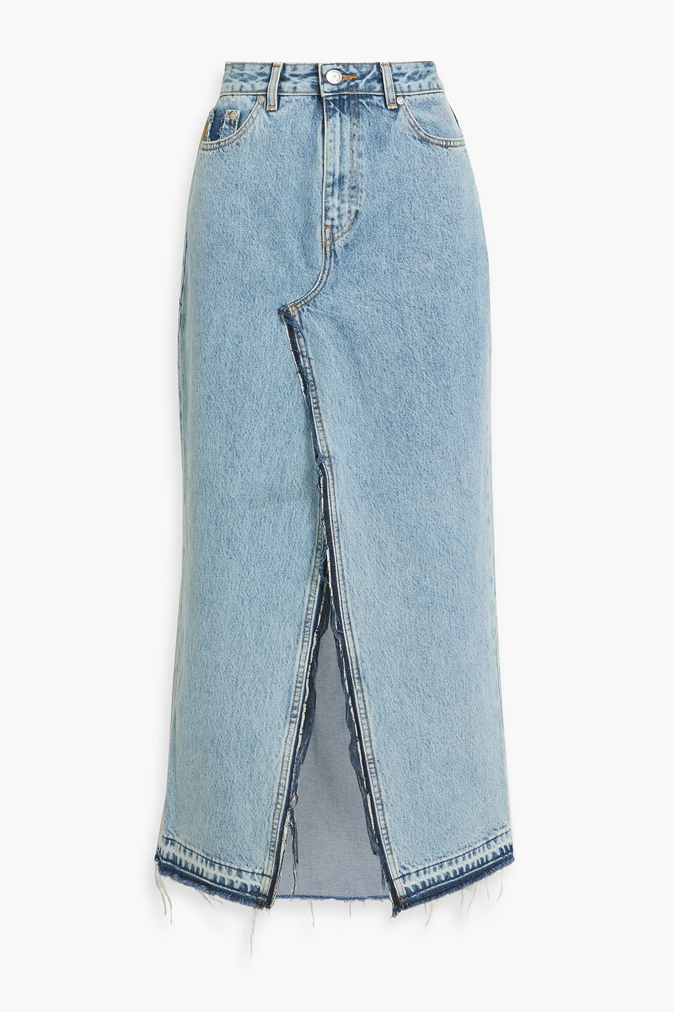 Ganni Distressed Denim Midi Skirt In Light Denim