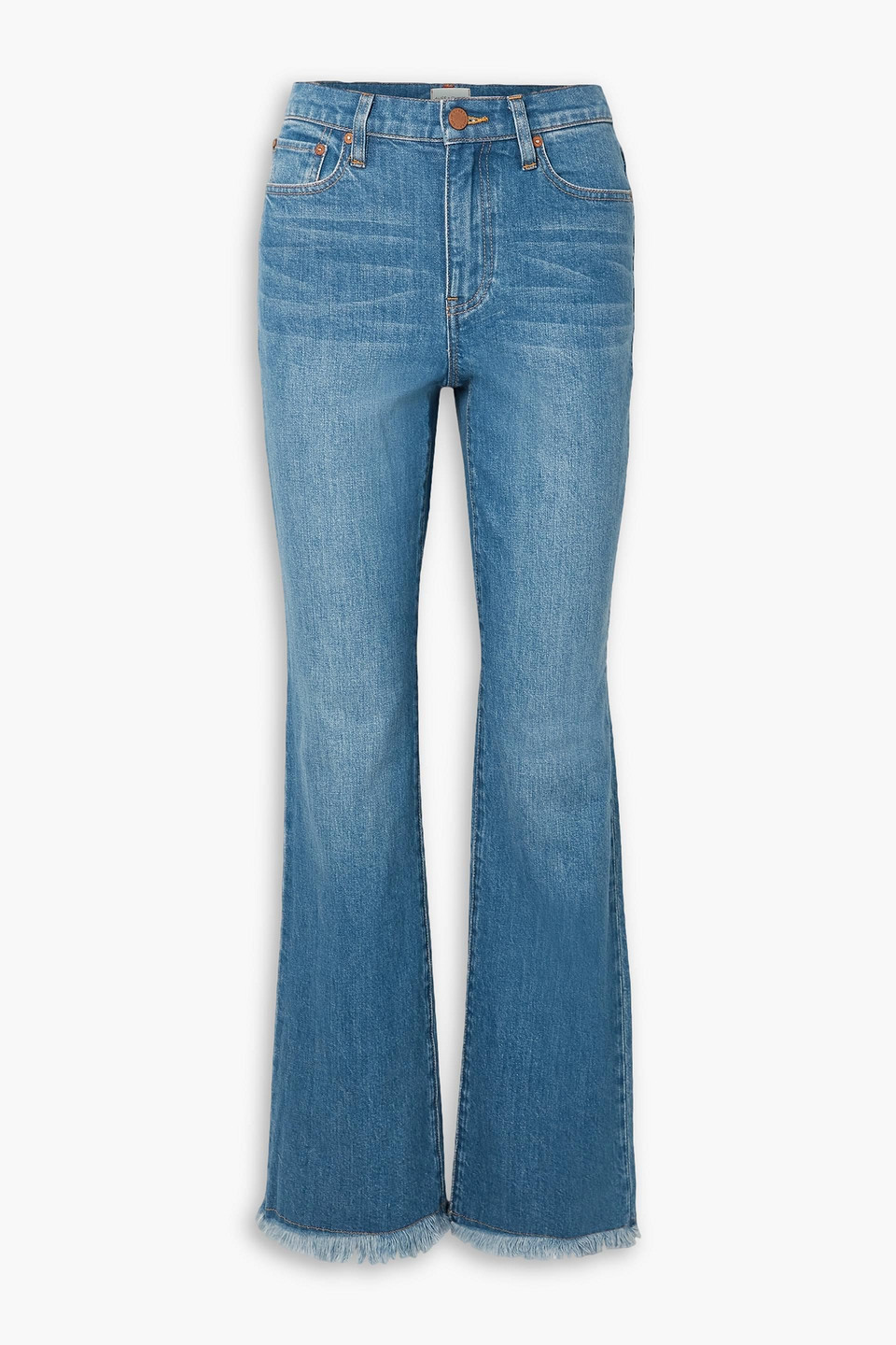 Alice And Olivia Fabulous 70's Frayed High-rise Bootcut Jeans In Mid Denim