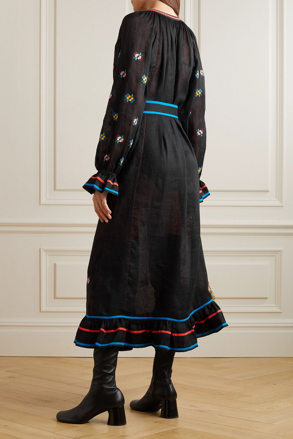 VITA KIN HAPPY CHERRY EMBROIDERED LINEN MIDI DRESS
