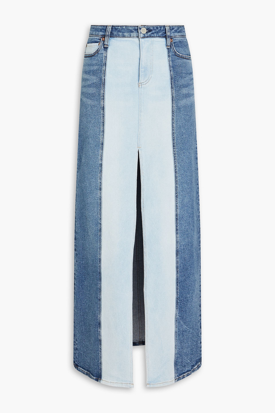 Alice And Olivia Rye Low-rise Two-tone Denim Maxi Skirt In Brooklyn Blue In Mid Denim
