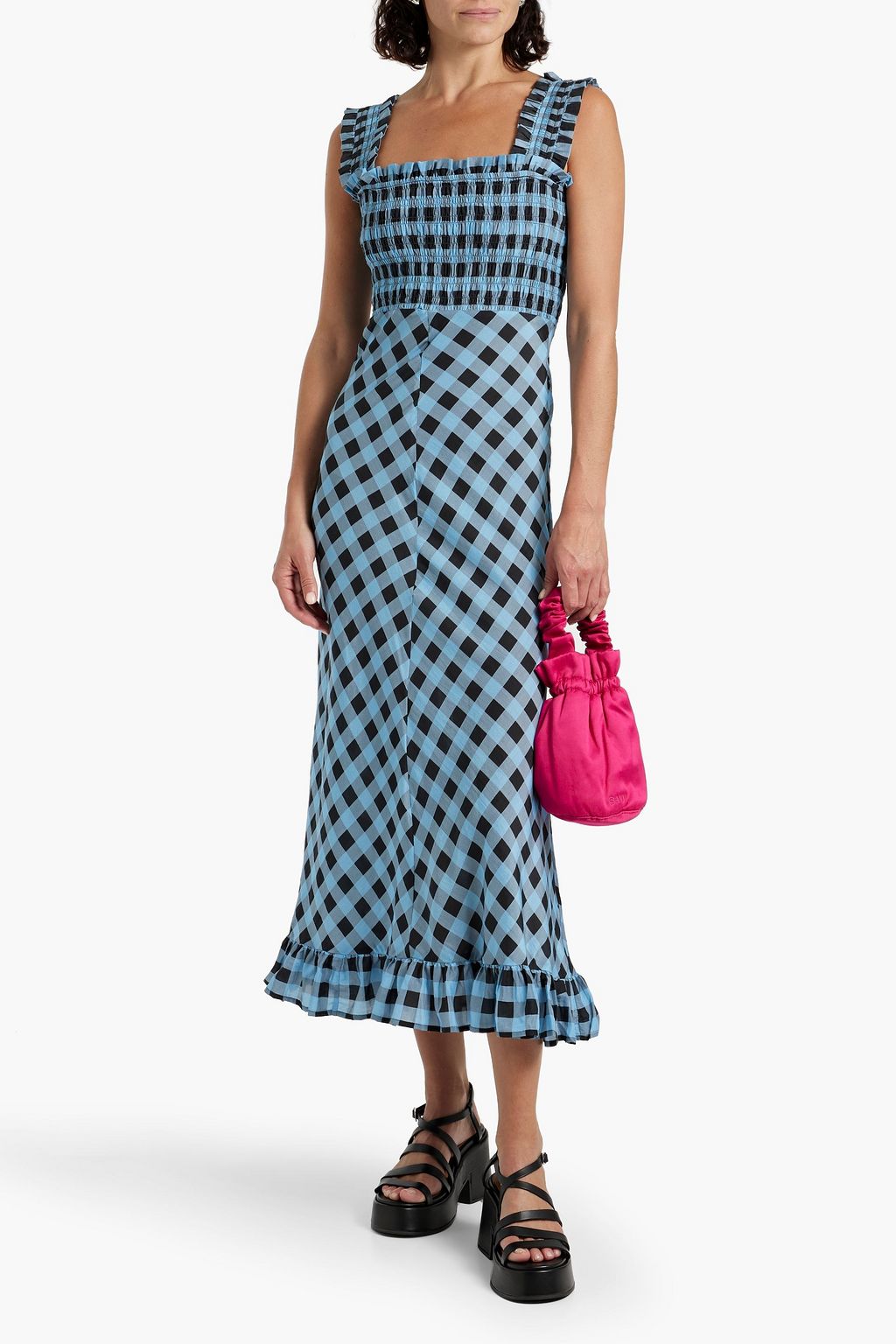 GANNI Ruffled checked cotton and silk-blend maxi dress