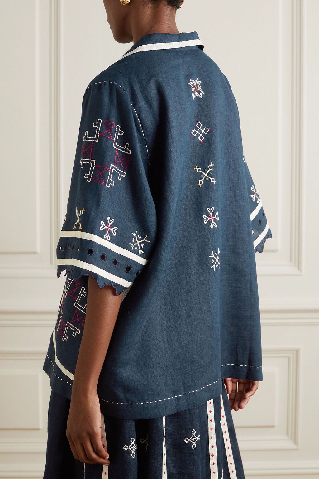 VITA KIN Greta broderie anglaise-trimmed embroidered linen blouse