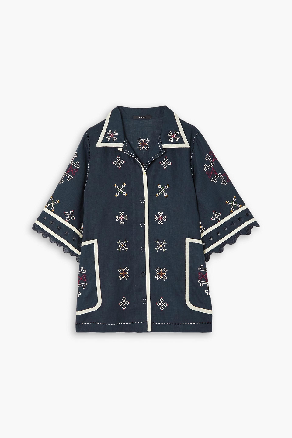 Vita Kin Greta Broderie Anglaise-trimmed Embroidered Linen Blouse In Navy