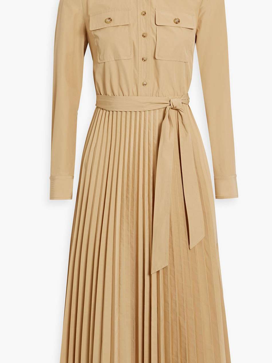 pleated belted taffeta midi shirt dress
