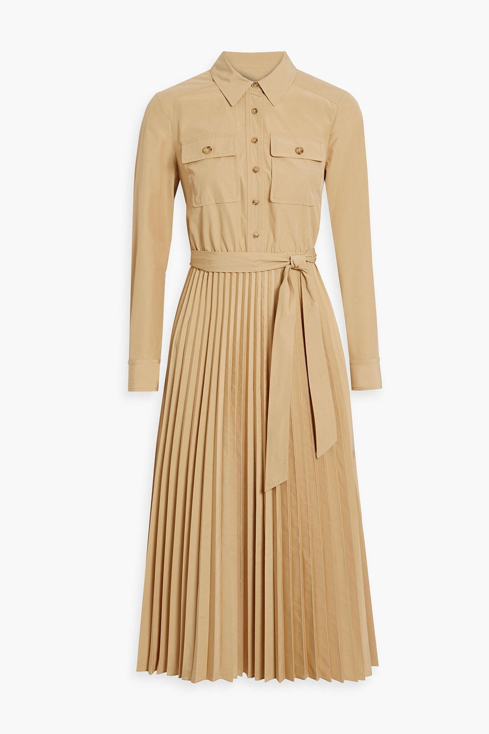Derek Lam 10 Crosby Pleated Belted Taffeta Midi Shirt Dress In Sand