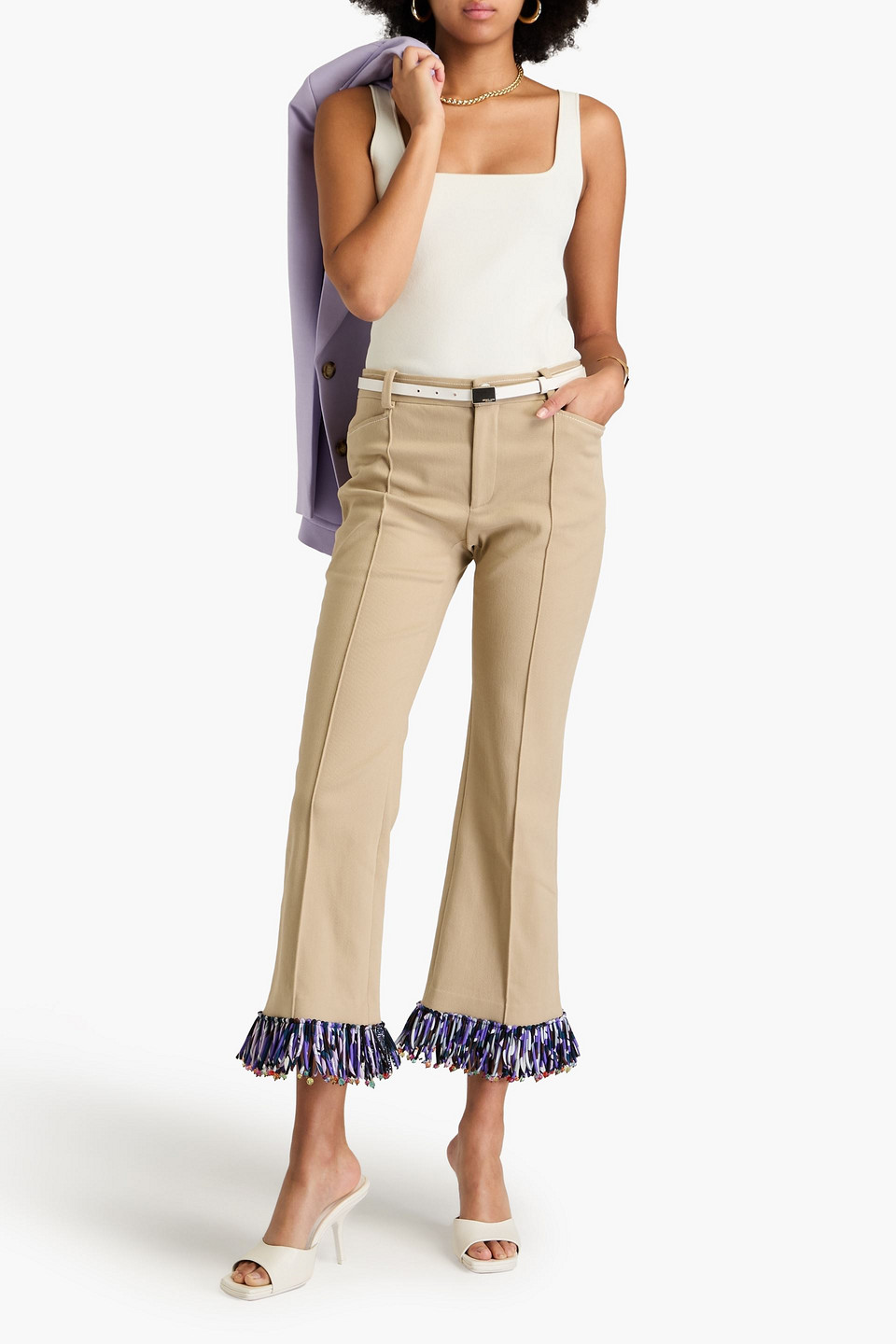 Shop Pucci Fringed Cotton-blend Twill Flared Pants In Mushroom