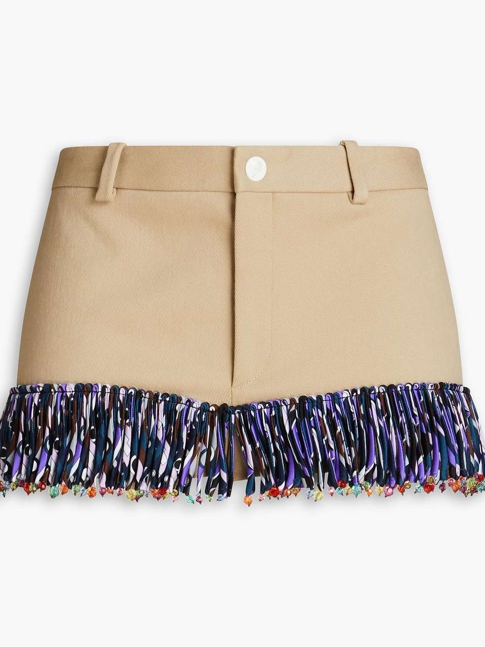 fringed cotton-blend twill shorts