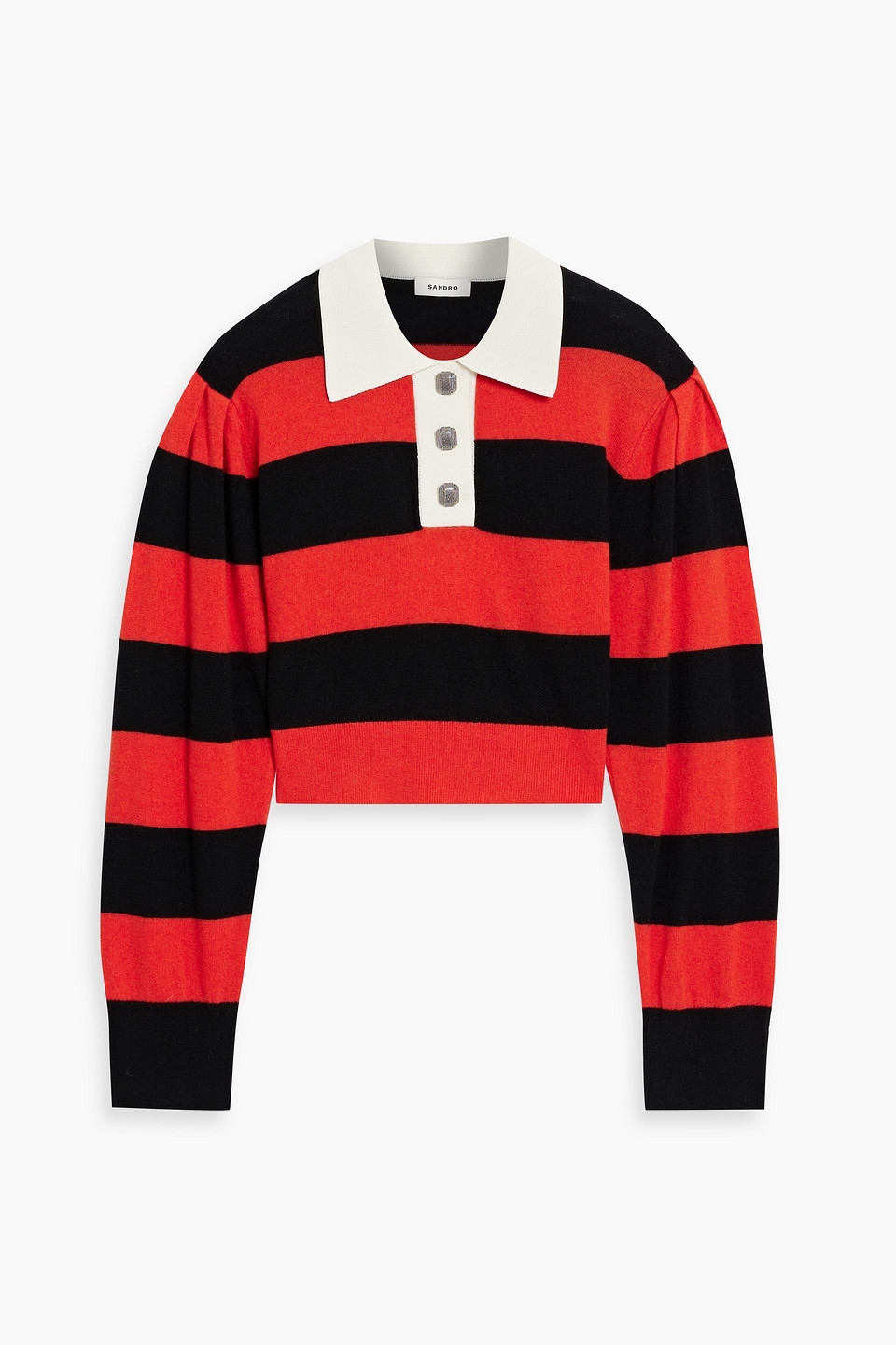 Sandro Striped Knit-paneled Wool-blend Polo Jumper In Red