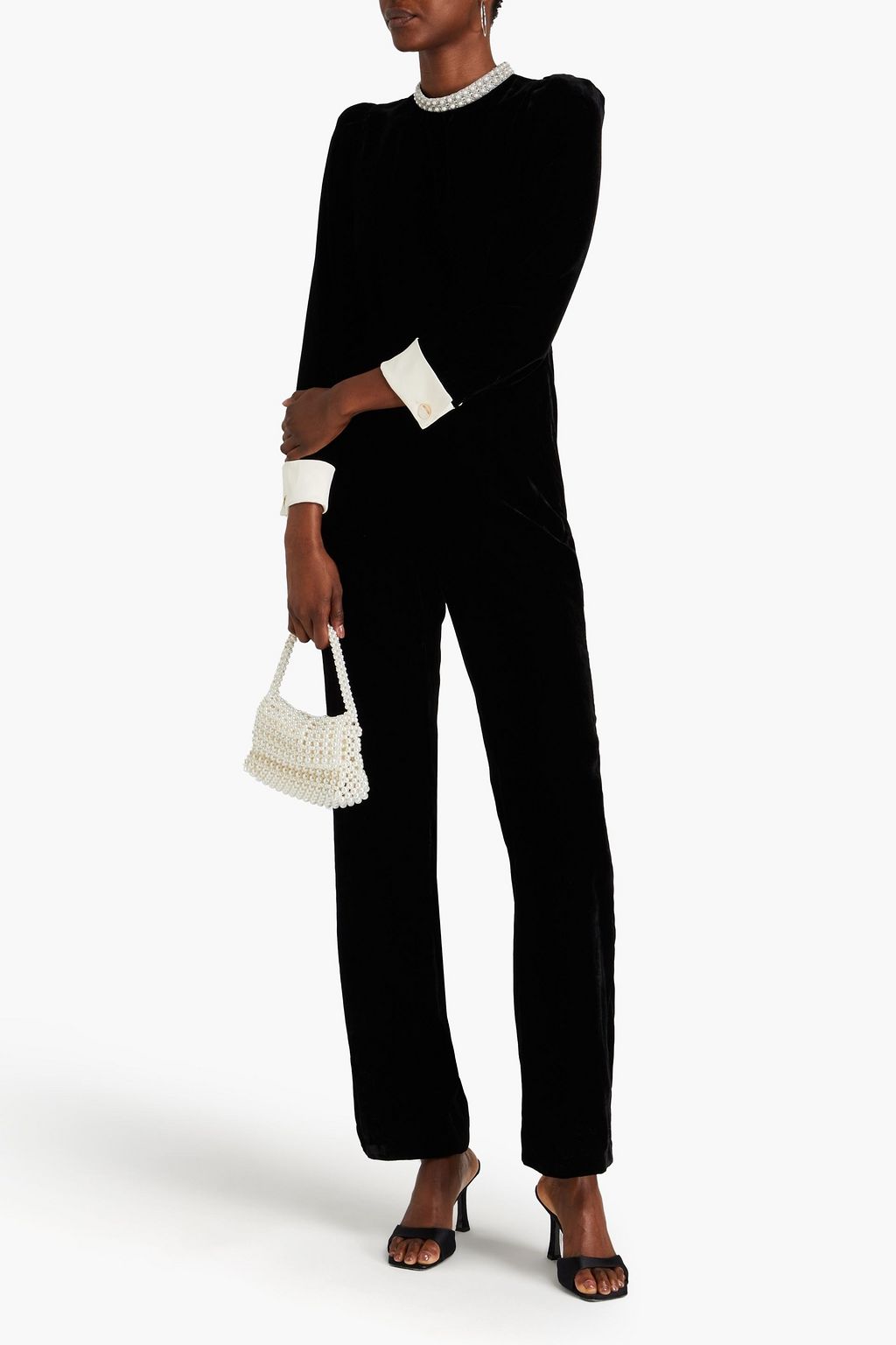 SANDRO Bead-embellished pleated velvet jumpsuit