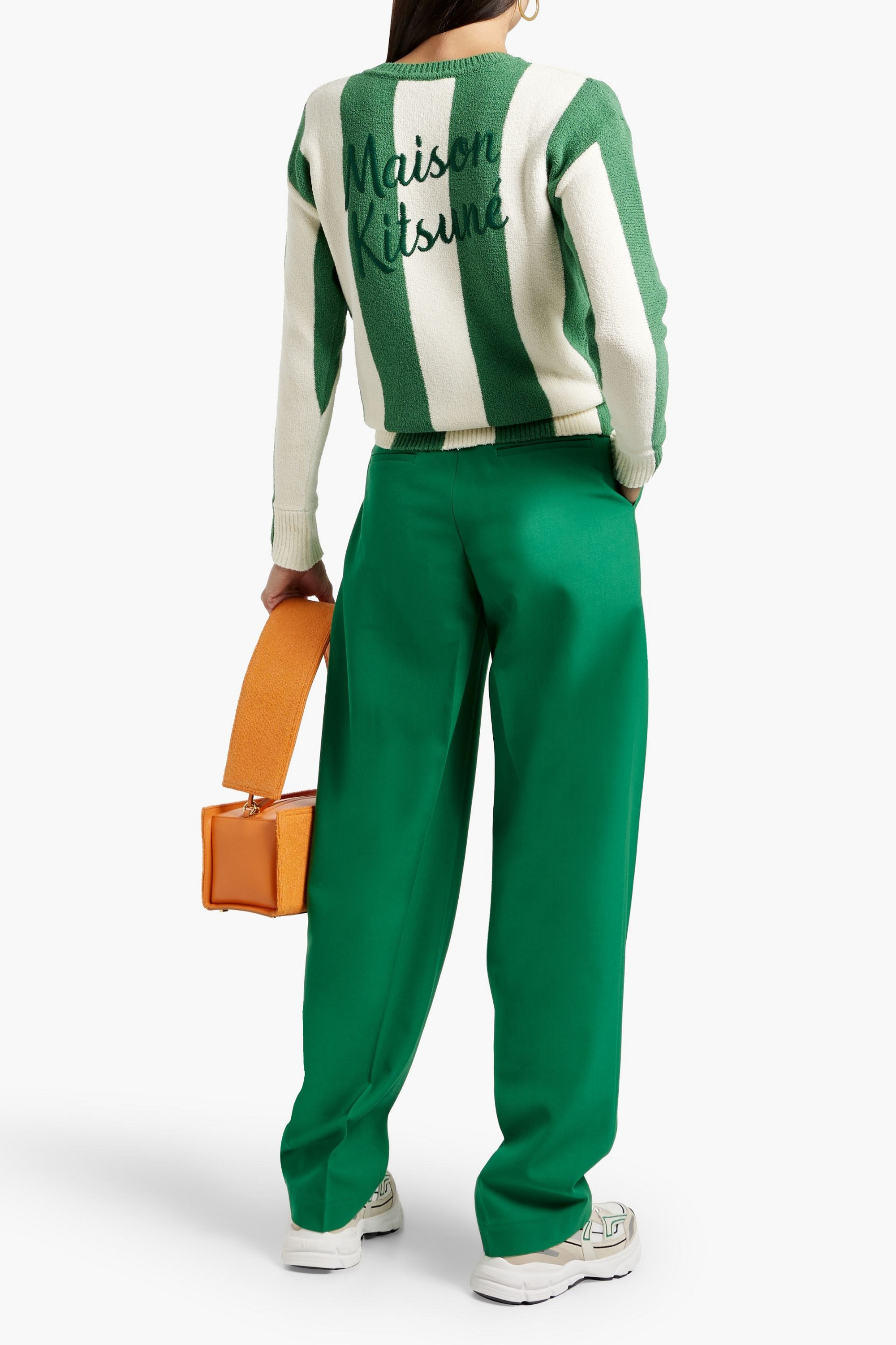 MAISON KITSUNÉ Embroidered striped bouclé-knit cotton-blend sweater thumbnail