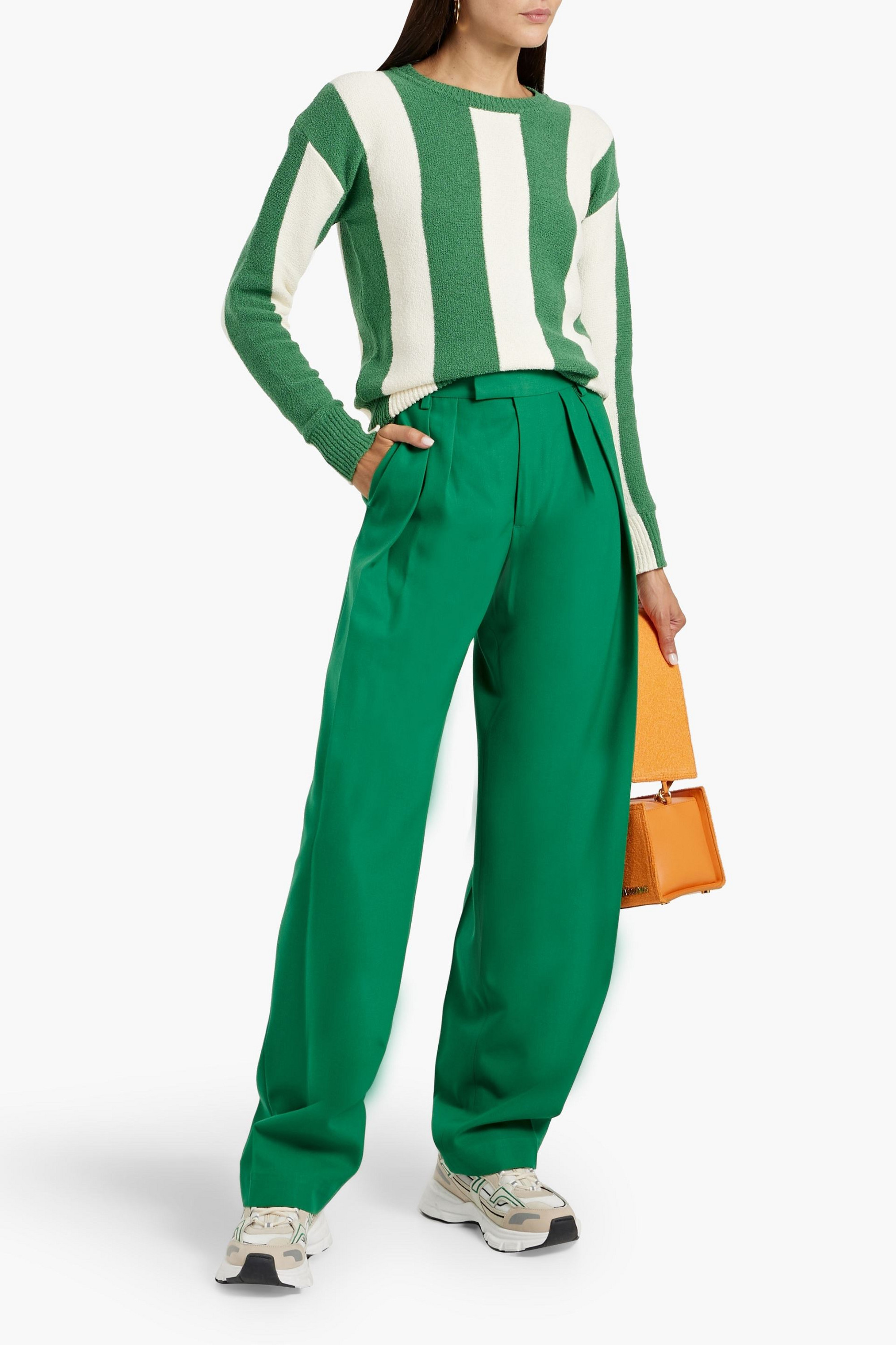 MAISON KITSUNÉ Embroidered striped bouclé-knit cotton-blend sweater