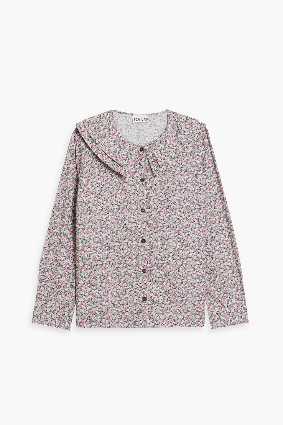 Ganni Long Sleeve Printed Cotton Double-collar Shirt In Frost Gray