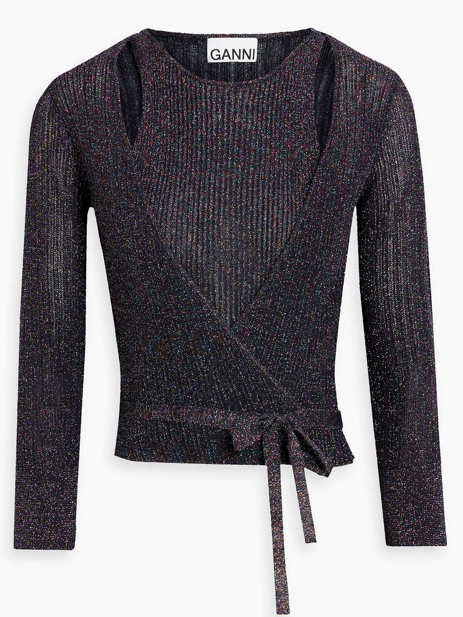 cutout wrap-effect metallic ribbed-knit top
