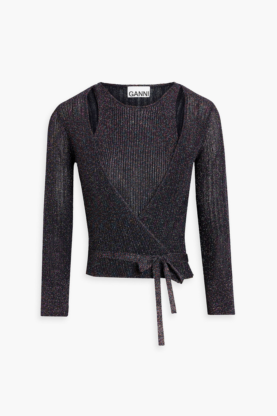 Cutout wrap-effect metallic ribbed-knit top