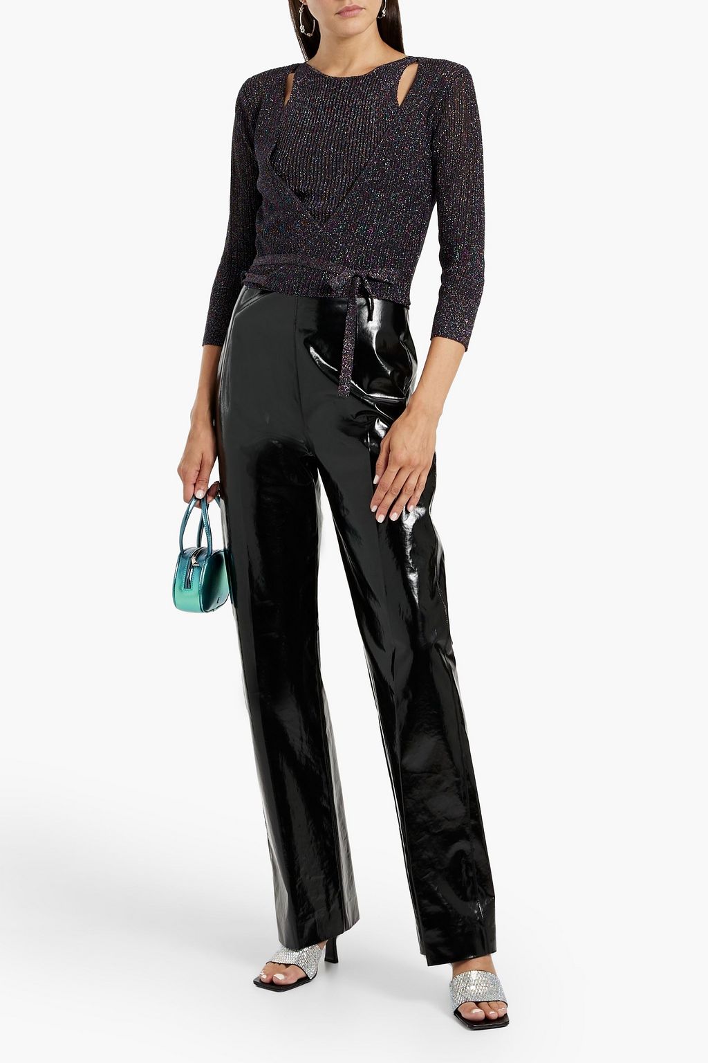 GANNI Cutout wrap-effect metallic ribbed-knit top