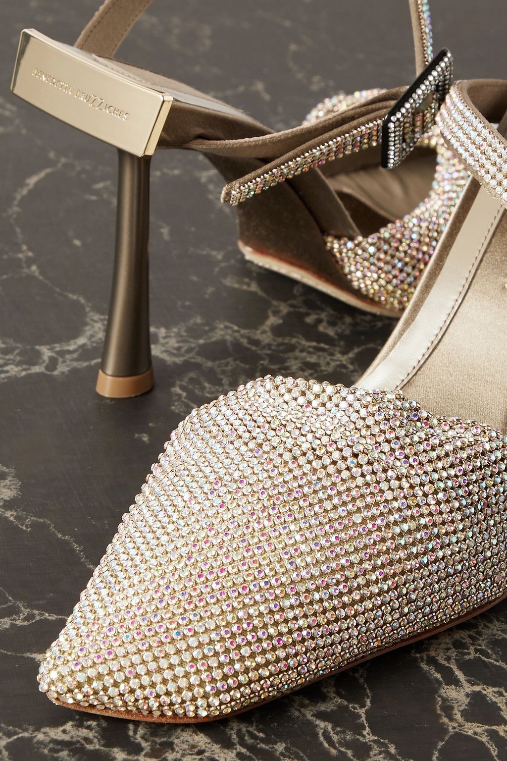 BENEDETTA BRUZZICHES Elena crystal-embellished satin and leather mules