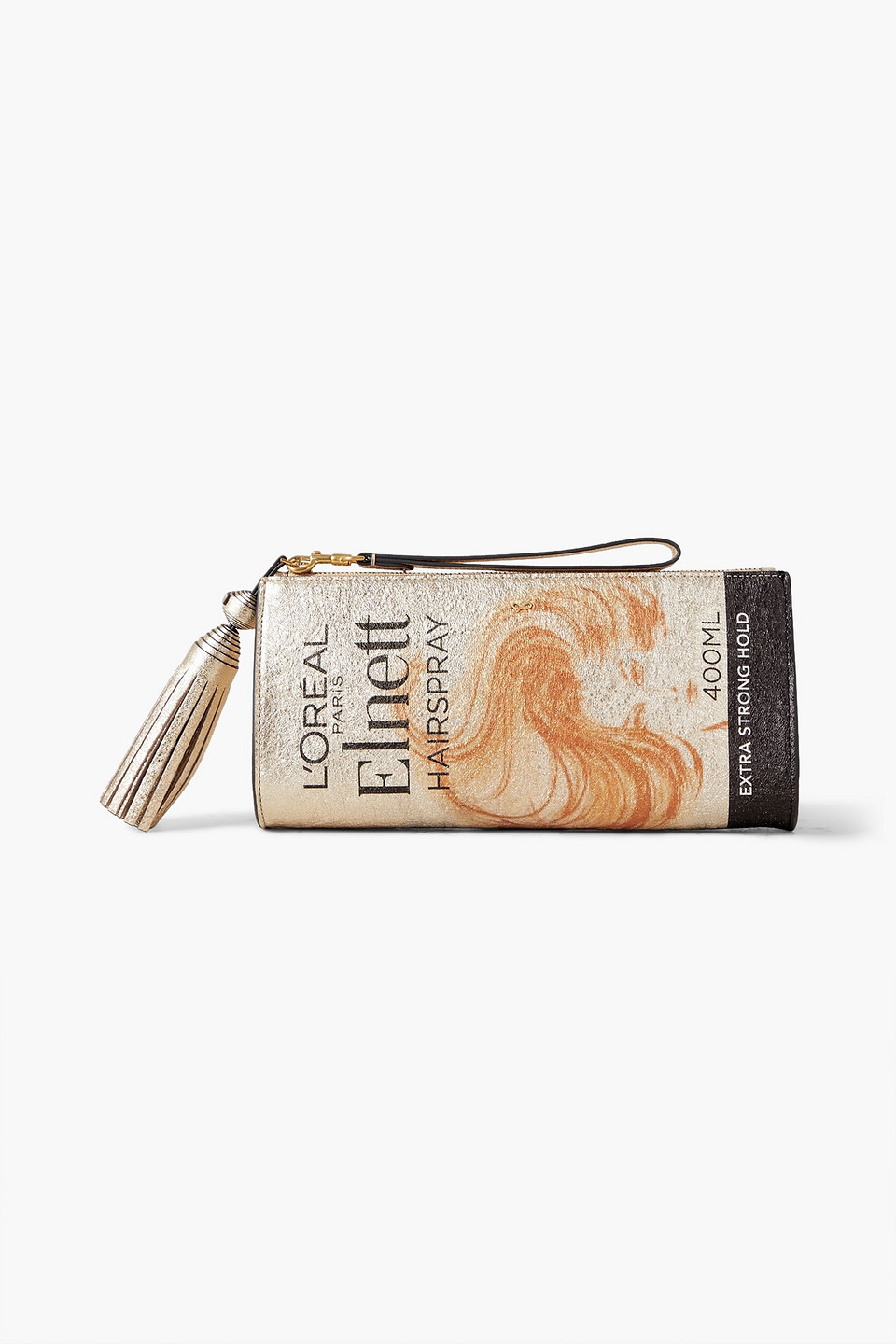 Anya Hindmarch Elnett Tasseled Printed Metallic Crinkled-leather Clutch In Gold