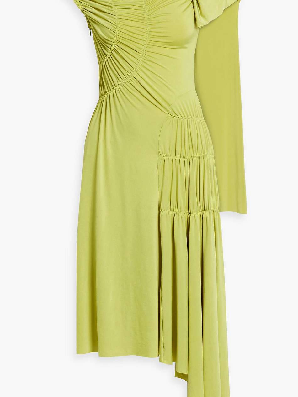 asymmetric ruched stretch-jersey midi dress