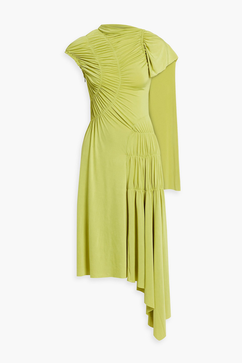 Victoria Beckham Ruched Asymmetric Midi Dress In Chartreuse