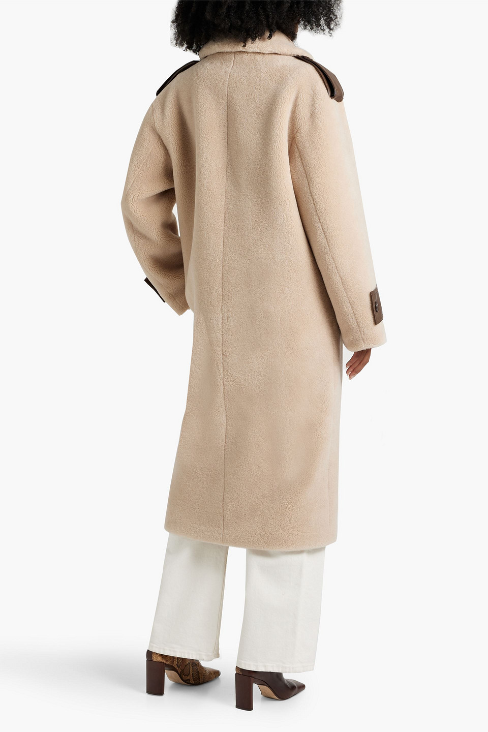 Stand Studio Faux Fur Double Breasted Coat With Faux Leather Details In Beige