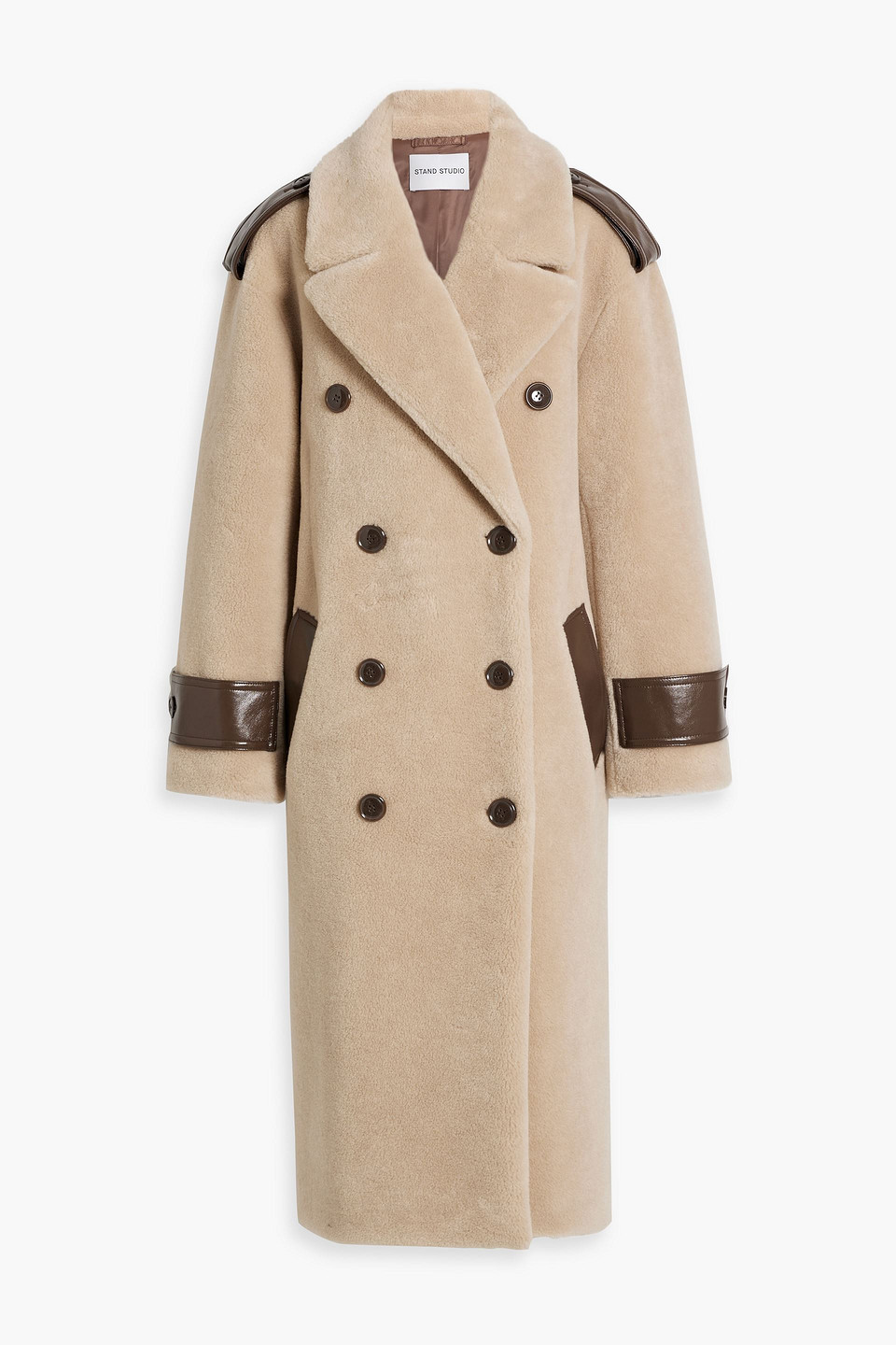 Stand Studio Faux Fur Double Breasted Coat With Faux Leather Details In Beige