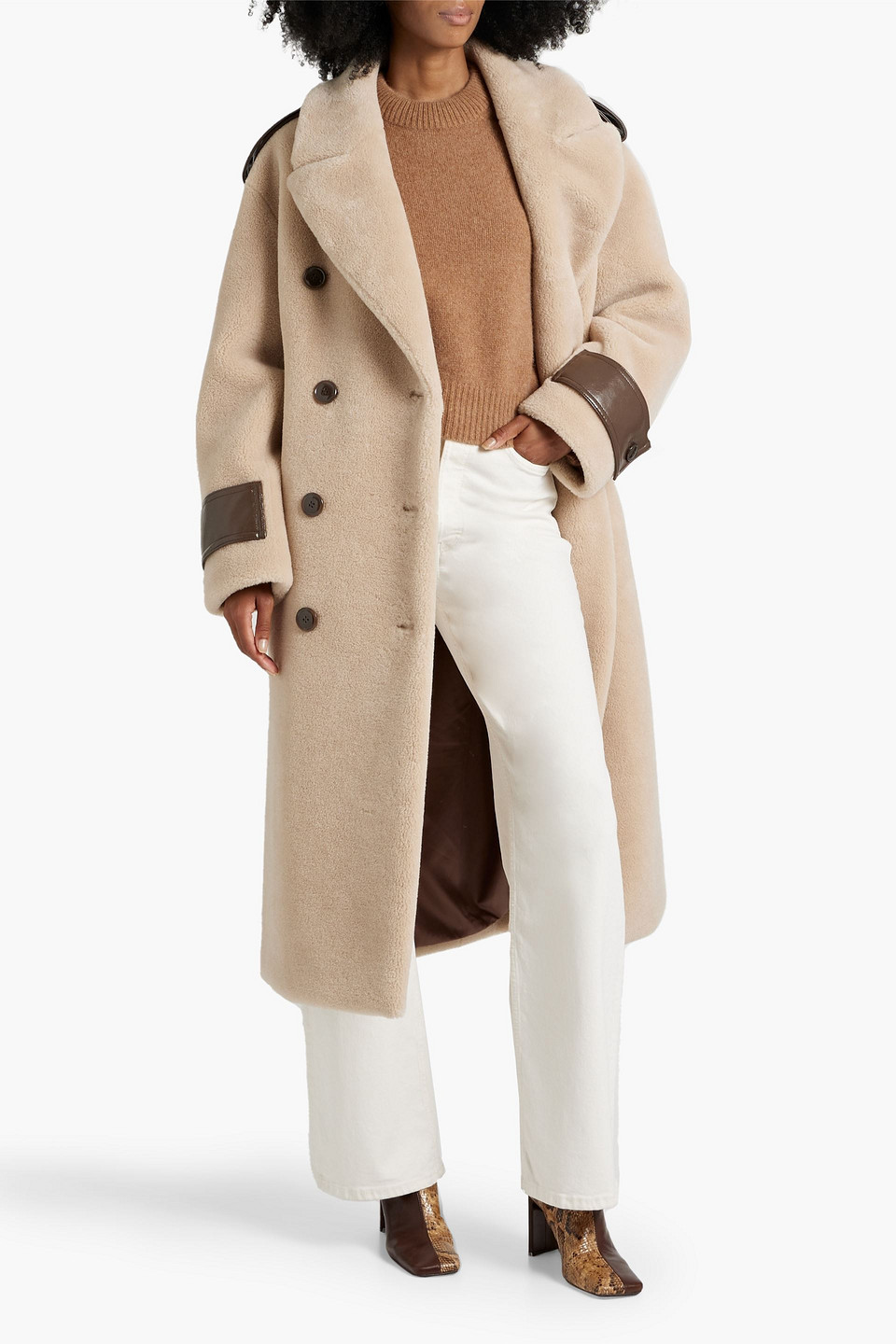 Stand Studio Faux Fur Double Breasted Coat With Faux Leather Details In Beige