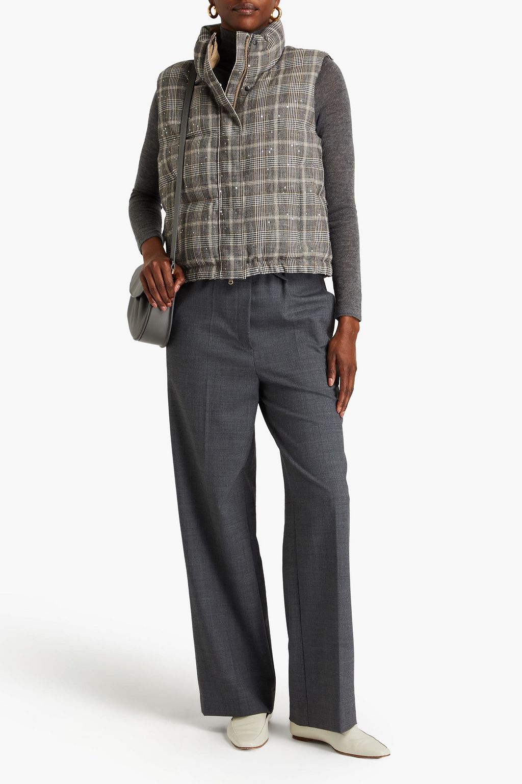 BRUNELLO CUCINELLI Embellished Prince of Wales checked quilted wool-blend tweed vest