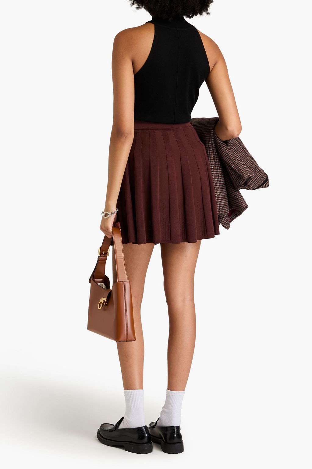 SANDRO Pleated ribbed-knit mini skirt