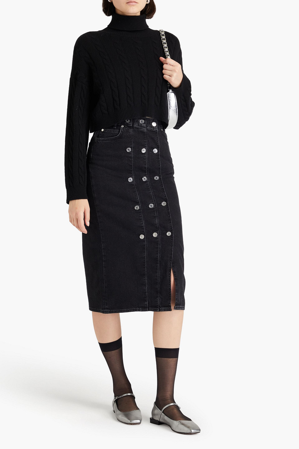 Sandro Button-embellished Denim Midi Skirt In Black