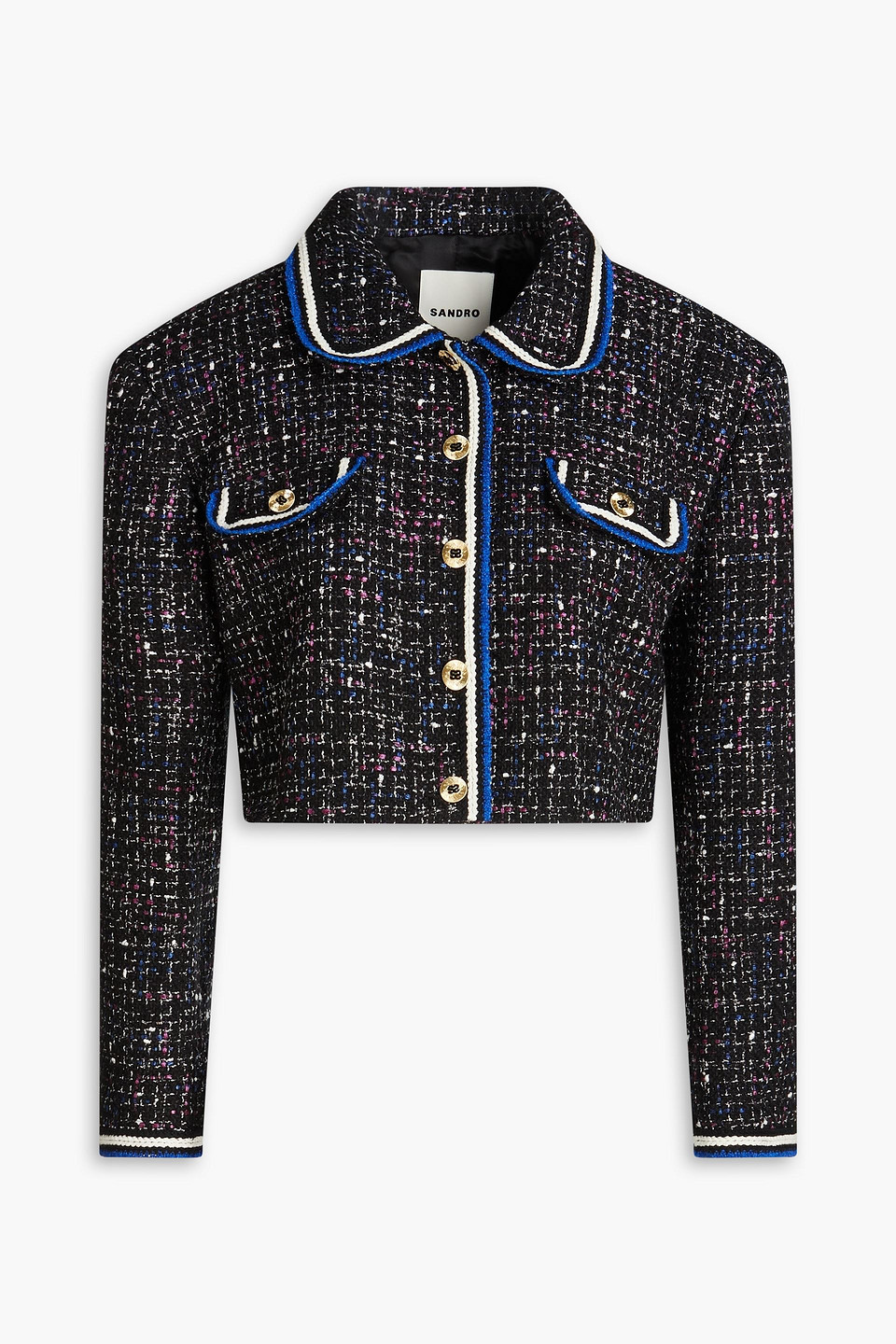 Sandro Cropped Metallic Cotton-blend Tweed Jacket In Black