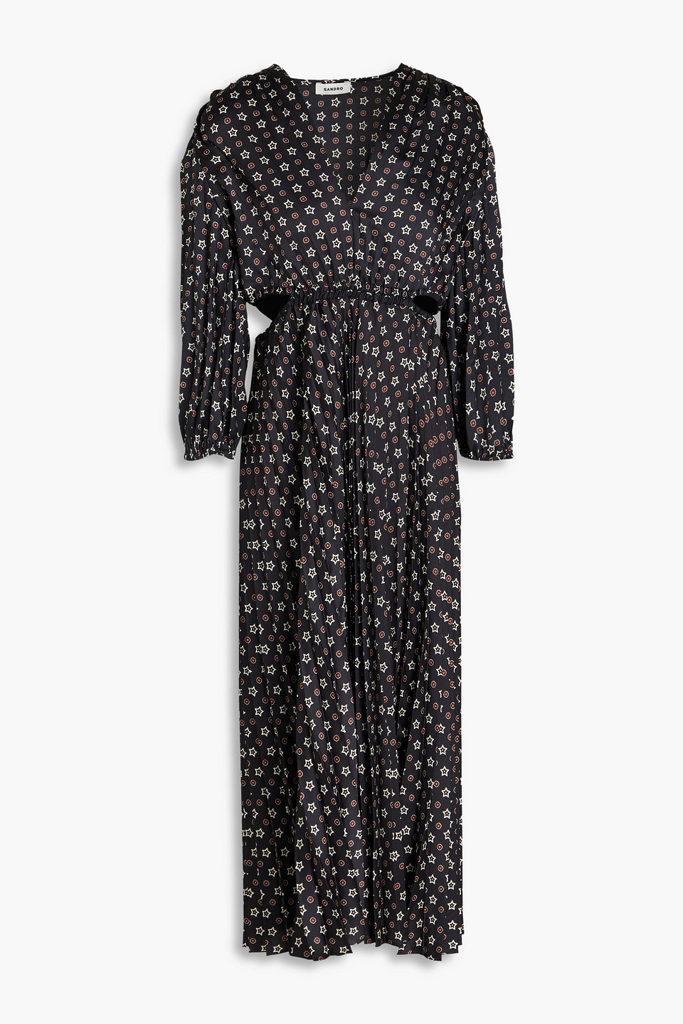 Sandro Cutout Printed Satin-twill Midi Dress In Black