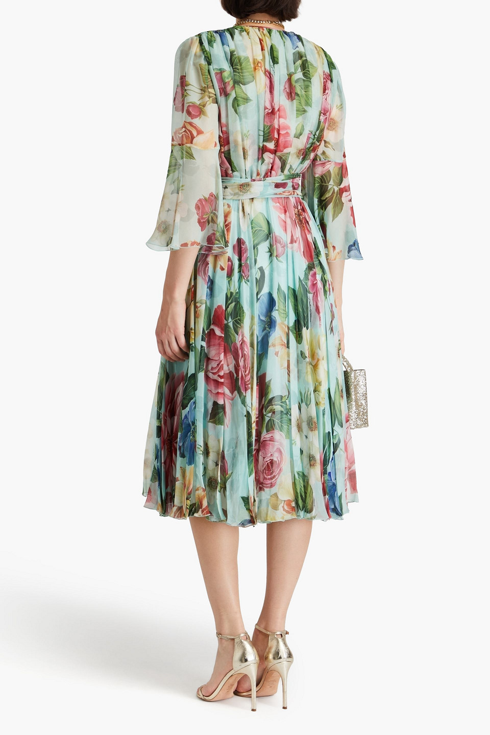 Dolce & Gabbana Crossed Chiffon Midi Dress With Floral Ombre Print In Sky Blue