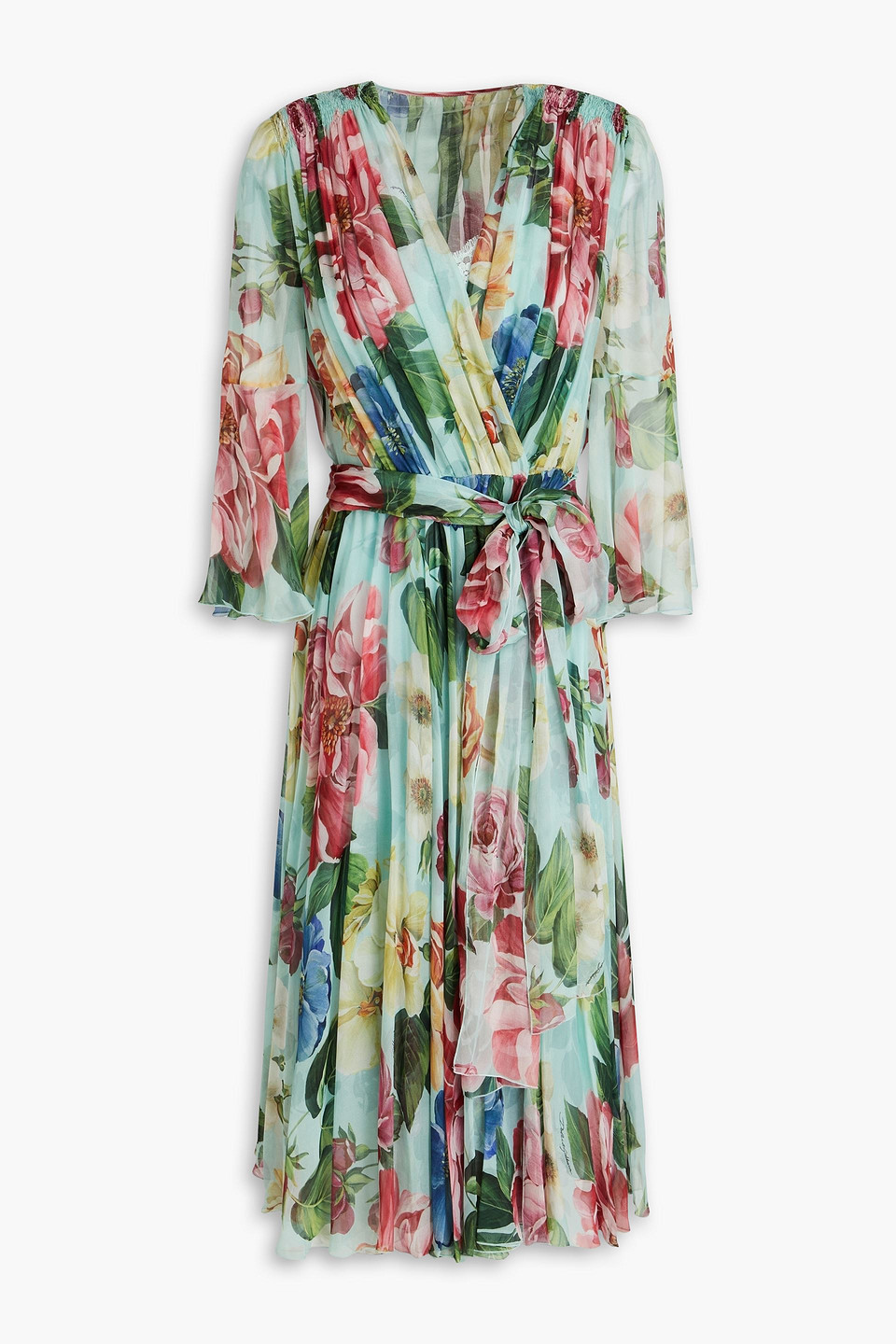 Dolce & Gabbana Crossed Chiffon Midi Dress With Floral Ombre Print In Sky Blue