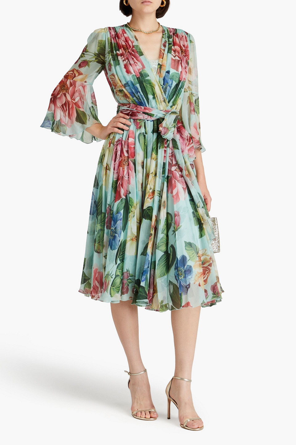 Dolce & Gabbana Crossed Chiffon Midi Dress With Floral Ombre Print In Sky Blue